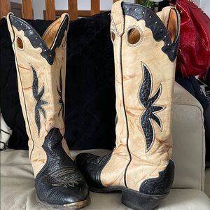 Vintage Boulet black/tan brass toe Western Cowboy Boots -